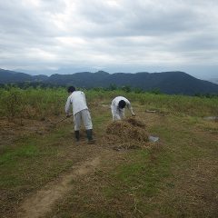 小雨が降る中で片付け作業中