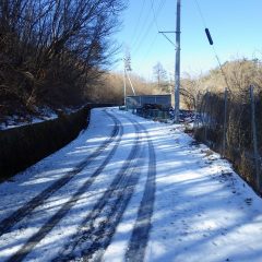 農場に続く道の日陰には9日に降った雪が溶けずに凍結して残っています
