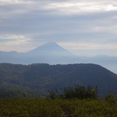 曇り空に薄っすらと富士山が浮かび上がっています