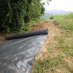 除草した法面に防草シートを張ります